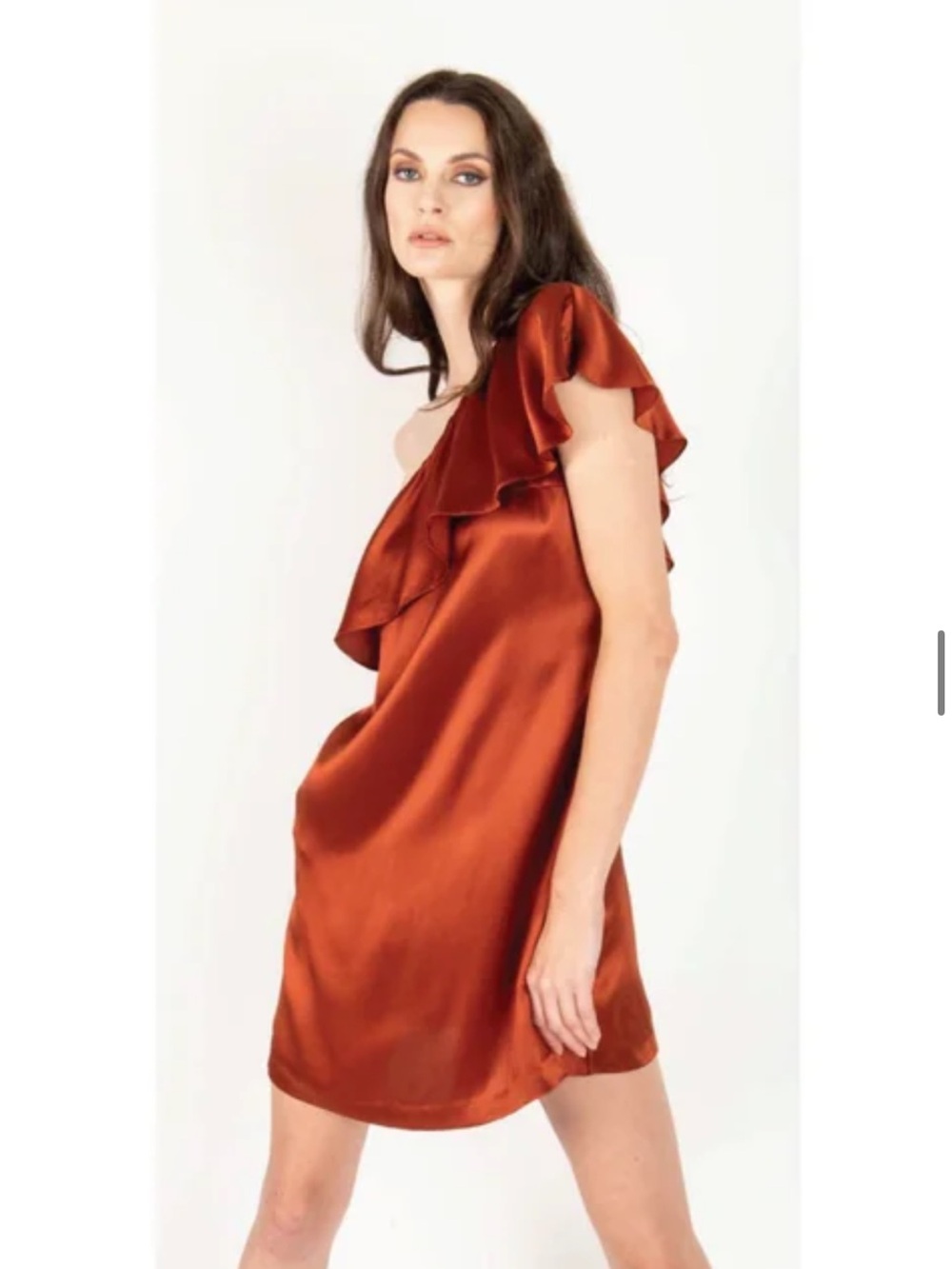 One-Shoulder Satin Ruffle Mini Dress in Terracotta